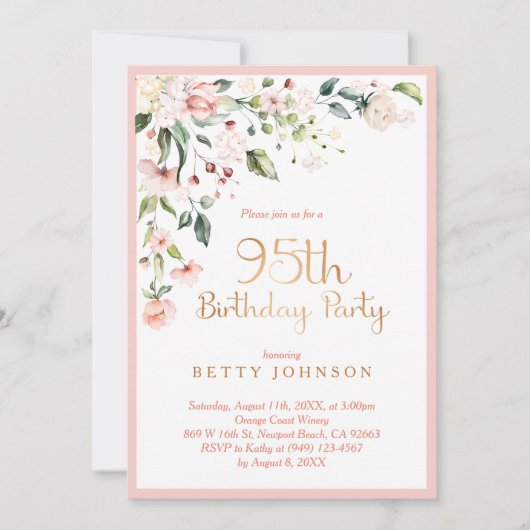 Elegant Pink & Gold Floral Woman's 95e verjaardag Kaart (Voorkant)