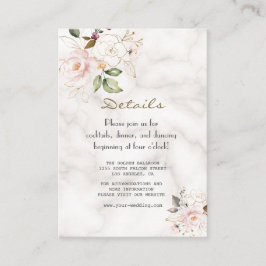 Elegant Pink Gold Flowers Marble Wedding Details Informatiekaartje