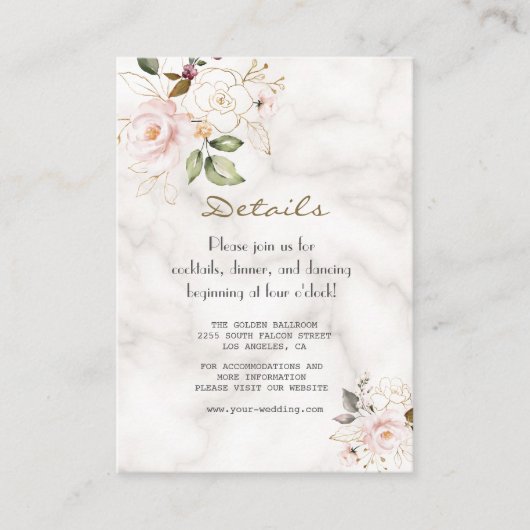 Elegant Pink Gold Flowers Marble Wedding Details Informatiekaartje (Voorkant)