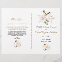 Elegant Pink Gold Flowers Wedding Programme