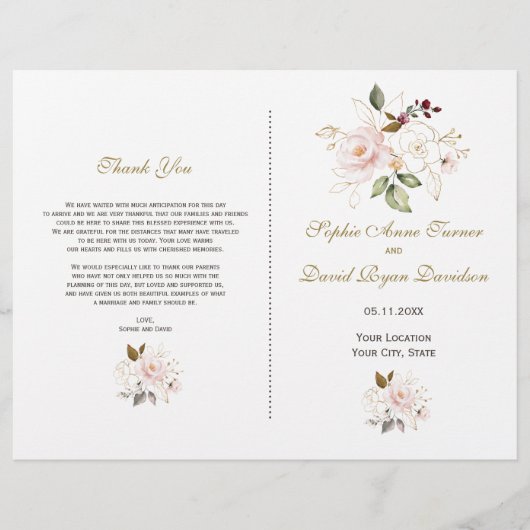 Elegant Pink Gold Flowers Wedding Programme (Voorkant)