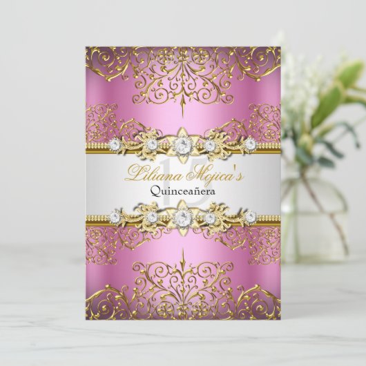Elegant Pink Gold  Glamor Quinceanera Kaart (Staand voorkant)