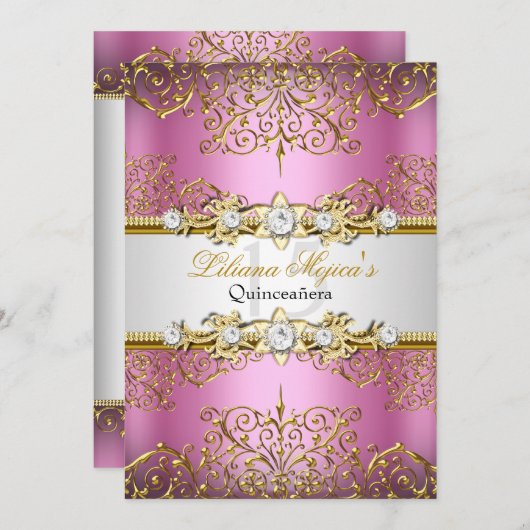 Elegant Pink Gold Glamor Quinceanera Kaart (Voorkant / Achterkant)