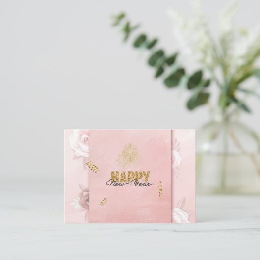 Elegant Pink & Gold Happy New Year Floral Card Informatiekaartje (Staand voorkant)