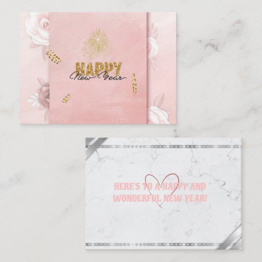 Elegant Pink & Gold Happy New Year Floral Card Informatiekaartje (Voorkant / Achterkant)