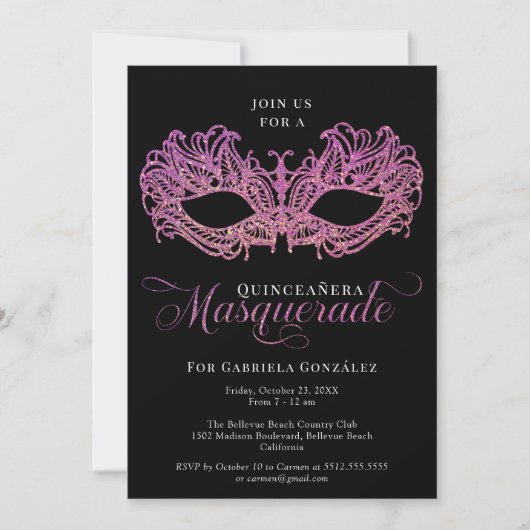 Elegant Pink & Gold Masquerade Masker Quinceanera Kaart (Voorkant)