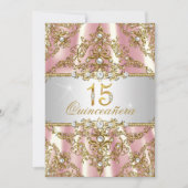 Elegant Pink Gold Pearl Damask Quinceanera Invite Kaart (Voorkant)