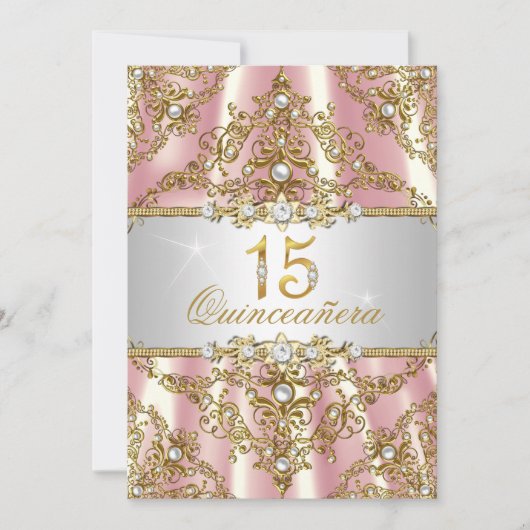 Elegant Pink Gold Pearl Damask Quinceanera Invite Kaart (Voorkant)