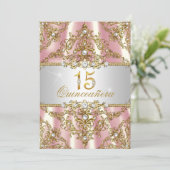 Elegant Pink Gold Pearl Damask Quinceanera Invite Kaart (Staand voorkant)