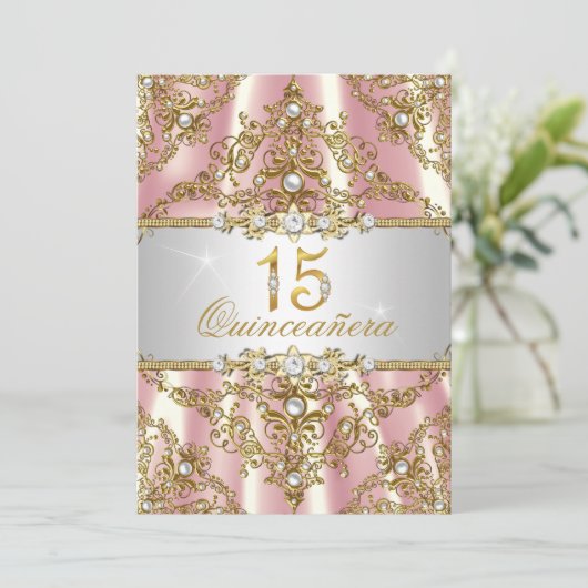 Elegant Pink Gold Pearl Damask Quinceanera Invite Kaart (Staand voorkant)