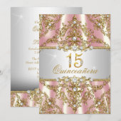Elegant Pink Gold Pearl Damask Quinceanera Invite Kaart (Voorkant / Achterkant)