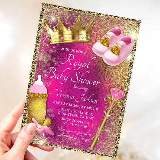 Elegant Pink Gold Prinses Baby shower Uitnodiging