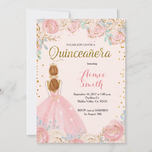 Elegant Pink Gold Quinceanera Uitnodiging (Voorkant)