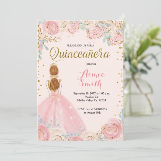 Elegant Pink Gold Quinceanera Uitnodiging (Staand voorkant)