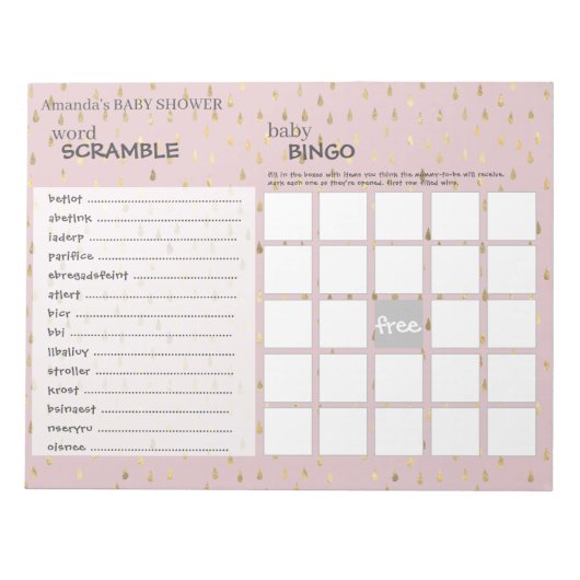 Elegant Pink & Gold Raindrops Baby shower Games Notitieblok (Voorkant)
