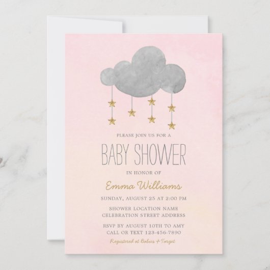 Elegant Pink Gold Stars Girl Baby shower Kaart (Voorkant)