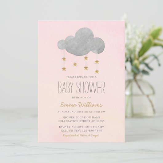 Elegant Pink Gold Stars Girl Baby shower Kaart (Staand voorkant)