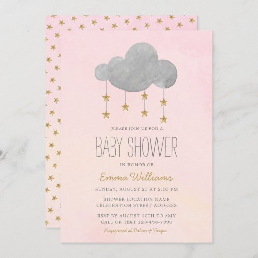 Elegant Pink Gold Stars Girl Baby shower Kaart (Voorkant / Achterkant)
