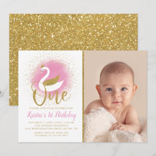 Elegant Pink Gold Swan Princess 1ste verjaardag Fo Kaart (Voorkant / Achterkant)
