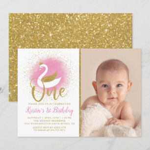 Elegant Pink Gold Swan Princess 1ste verjaardag Fo Kaart