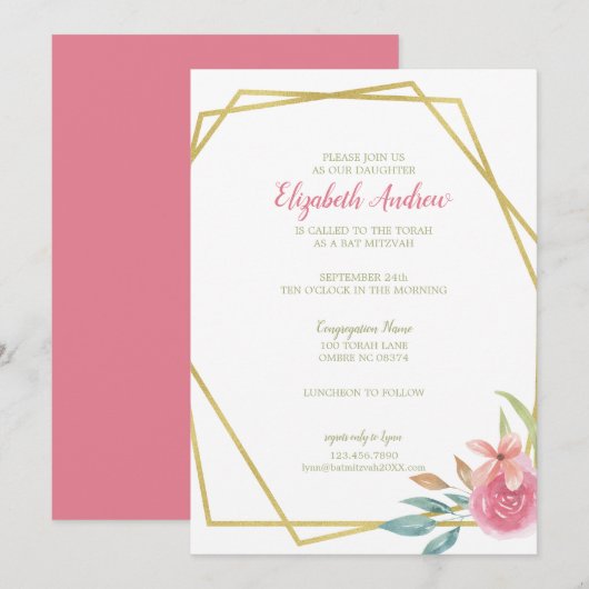 Elegant Pink & Gold Waterverf Floral Bat Mitzvah Kaart (Voorkant / Achterkant)