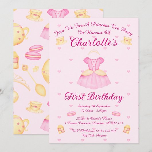 Elegant Pink & Gold Waterverf Princess Tea Party Kaart (Voorkant / Achterkant)