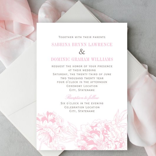 Elegant Pink Gray Floral Peony Wedding Kaart