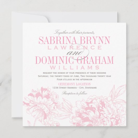 Elegant Pink Gray Floral Peony Wedding Kaart (Voorkant)