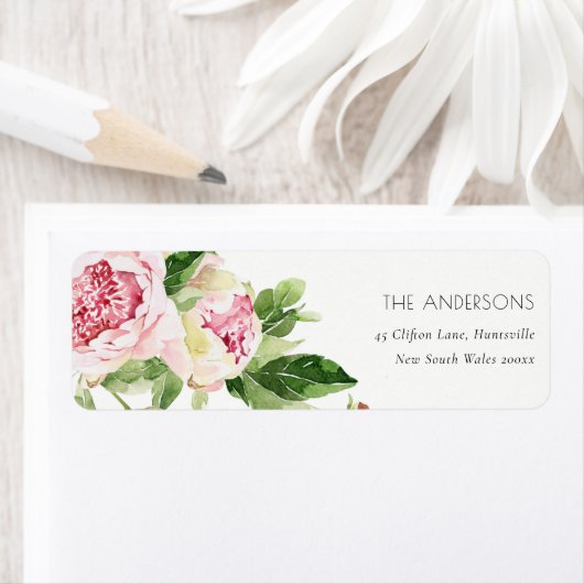 ELEGANT PINK GREEN BLUSH PEONY FLORAL WATERVERF ETIKET (Insitu)