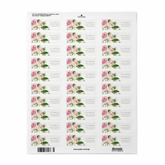 ELEGANT PINK GREEN BLUSH PEONY FLORAL WATERVERF ETIKET (Full Sheet)