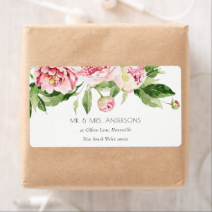 ELEGANT PINK GREEN BLUSH PEONY FLORAL WATERVERF L ETIKET
