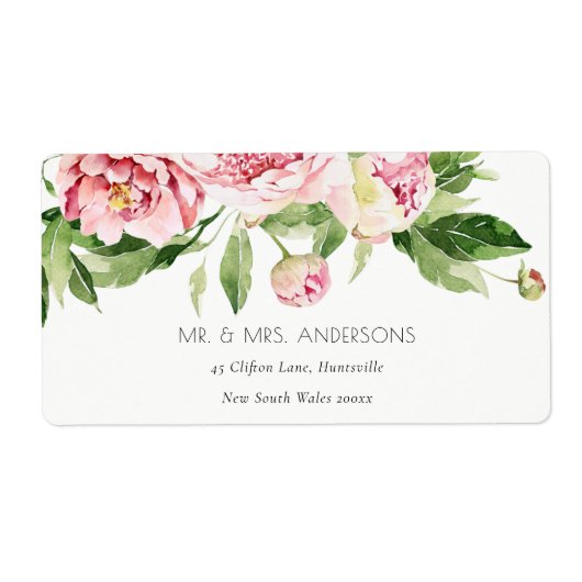 ELEGANT PINK GREEN BLUSH PEONY FLORAL WATERVERF L ETIKET (Voorkant)