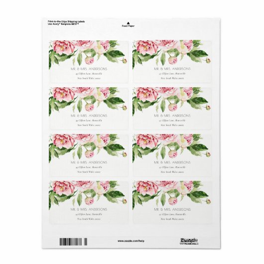 ELEGANT PINK GREEN BLUSH PEONY FLORAL WATERVERF L ETIKET (Full Sheet)