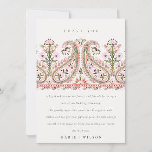 Elegant Pink Green Floral Paisley Motif Wedding Bedankkaart