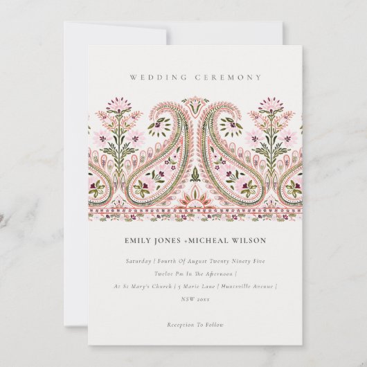 Elegant Pink Green Floral Paisley Motif Wedding Kaart (Voorkant)