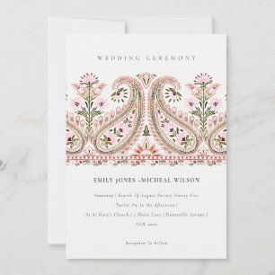 Elegant Pink Green Floral Paisley Motif Wedding Kaart