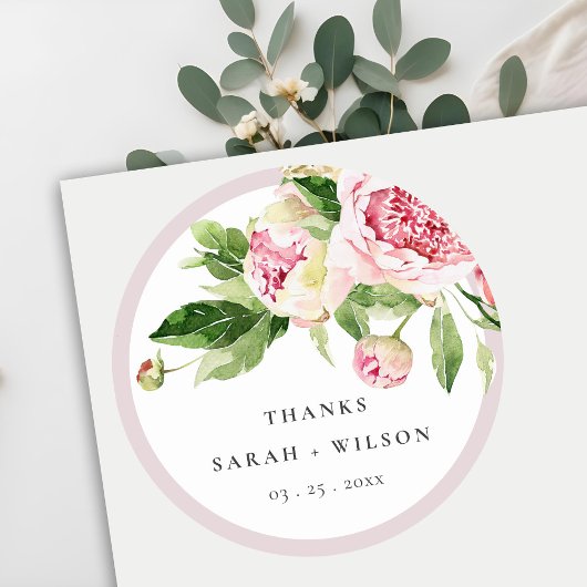 Elegant Pink Green Peony Floral Bedankt Weddenscha Ronde Sticker