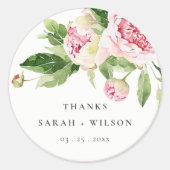 Elegant Pink Green Peony Floral Bedankt Weddenscha Ronde Sticker (Voorkant)