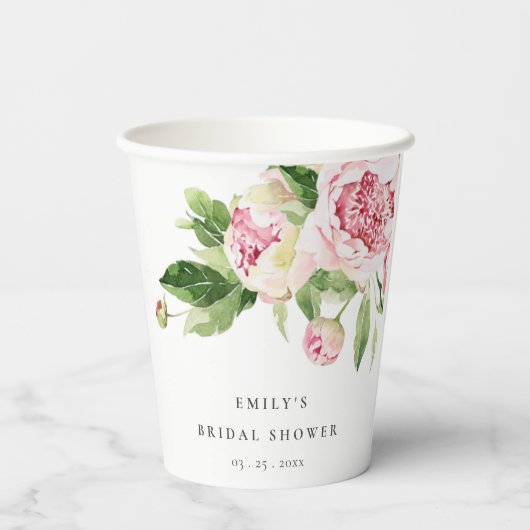 Elegant Pink Green Peony Floral Vrijgezellenfeest Papieren Bekers (Achterkant)