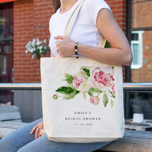 Elegant Pink Green Peony Floral Vrijgezellenfeest Tote Bag