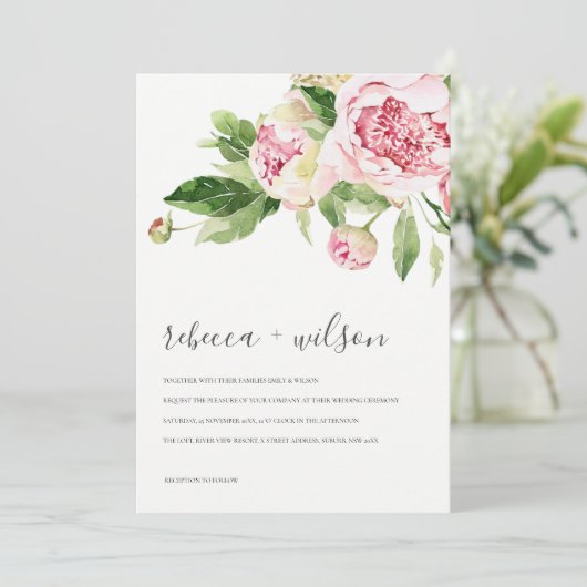 ELEGANT PINK GREEN PEONY FLORAL WATERVERF WEDING (Staand voorkant)