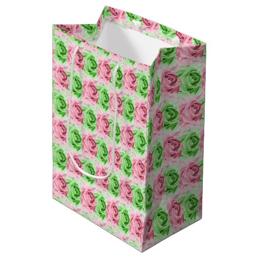 Elegant Pink & Green Rose Gift Bag Medium Cadeauzakje (Voorkant Gekanteld)