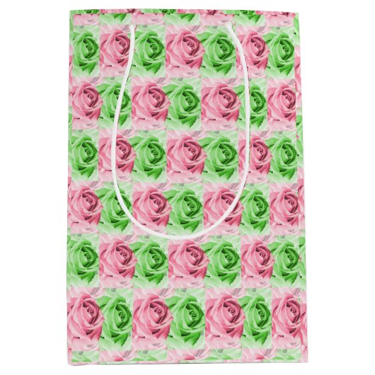 Elegant Pink & Green Rose Gift Bag Medium Cadeauzakje (Voorkant)