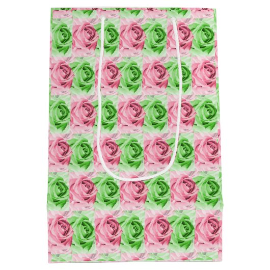 Elegant Pink & Green Rose Gift Bag Medium Cadeauzakje (Achterkant)