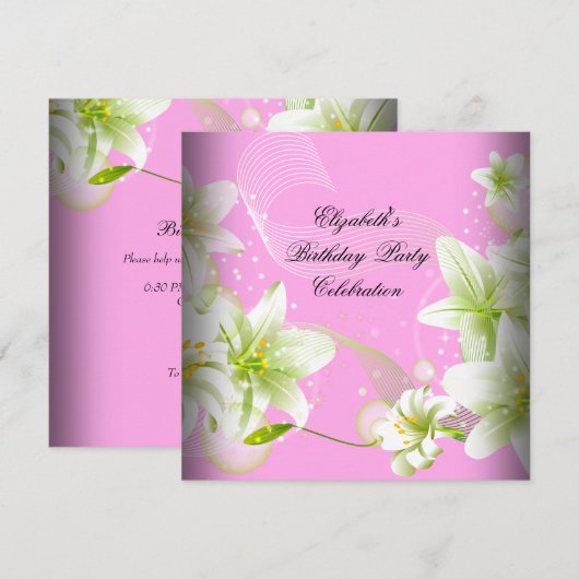 Elegant Pink Green White Floral Birthday Party Kaart (Voorkant / Achterkant)