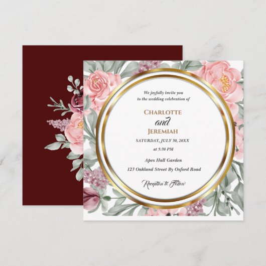 Elegant Pink Greenery Circle Lijst Wedding Kaart (Voorkant / Achterkant)