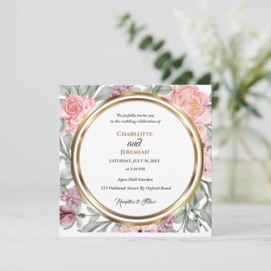 Elegant Pink Greenery Circle Lijst Wedding Kaart (Staand voorkant)