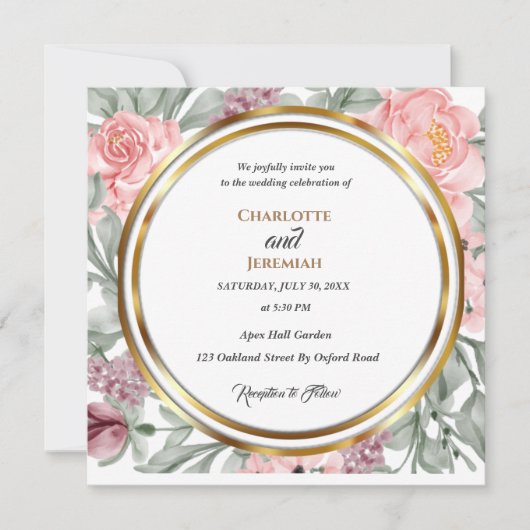 Elegant Pink Greenery Circle Lijst Wedding Kaart (Voorkant)