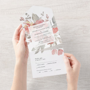 Elegant Pink Grey Floral Waterverf Wedding All In One Uitnodiging