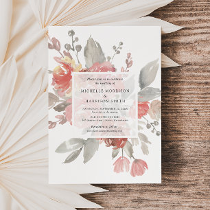 Elegant Pink Grey Floral Waterverf Wedding Kaart
